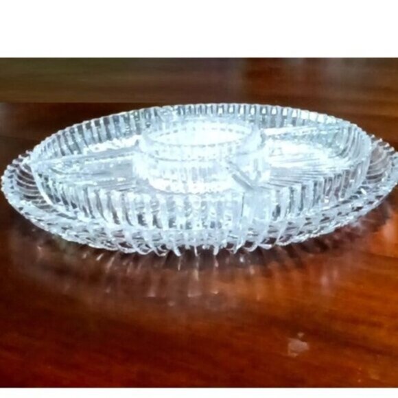 Vintage Large Round Glass Platter w/ 5 Fitted Hors D'Ouevres / Condiments Dishes - Picture 9 of 9
